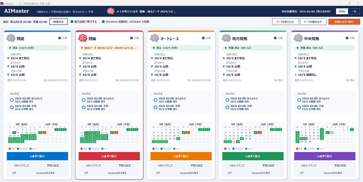 AIMaster の画面。5競技それぞれの学習・予想・答え合わせの状況が並んでいる